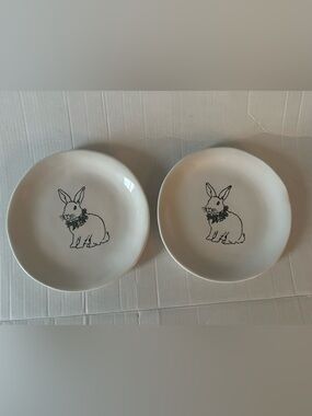 Pier 1 Bunny Rabbit Easter Plates Set of 2 White Stoneware Dessert Salad Plates